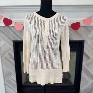 DKNY Cream Knit Henley Sweater Long Sleeve Button Front‎ Ribbed Hem Large